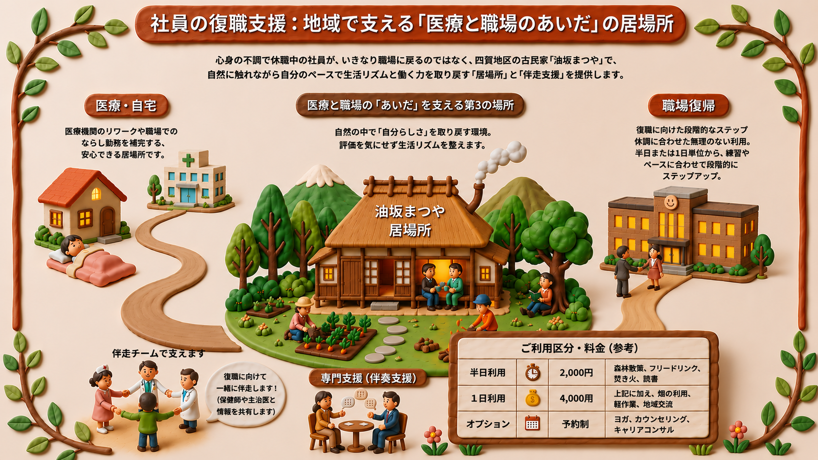 社員の復職支援：地域で支える「医療と職場のあいだ」の居場所。左に医療・自宅（医療機関のリワークや職場でのならし勤務を補完する、安心できる居場所）、中央に医療と職場の『あいだ』を支える第3の場所として四賀の古民家『油坂まつや』（自然の中で自分らしさを取り戻す環境。評価を気にせず生活リズムを整える）、右に職場復帰（復職に向けた段階的なステップ。休調に合わせた無理のない利用。半日または1日単位から、練習やペースに合わせて段階的にステップアップ）を配置。下部に伴走チーム（保健師や主治医と情報を共有しながら一緒に伴走します）と専門支援、およびご利用区分・料金の参考表（半日利用2,000円：森林散策・フリードリンク・焚き火・読書／1日利用4,000円：上記に加え畑の利用・軽作業・地域交流／オプション予約制：ヨガ・カウンセリング・キャリアコンサル）を掲載。